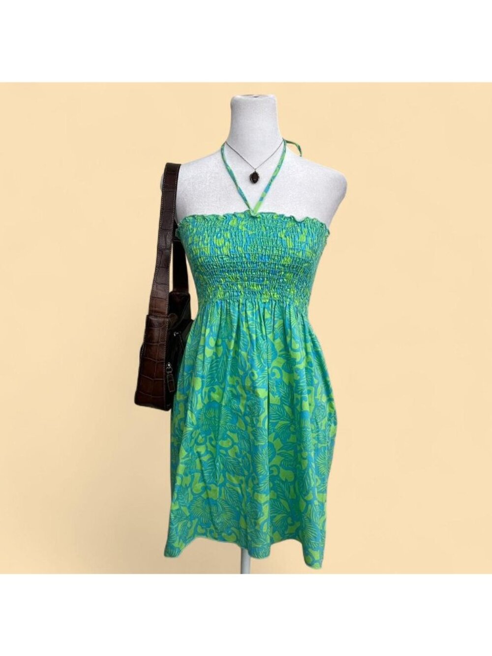 vintage 90s green blue floral tropical beachy smocked halter neck mini dress
